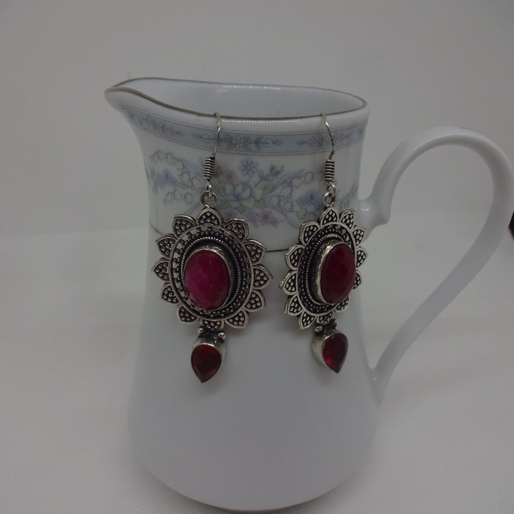 Fancy "SIMULATED RUBY" Handmade Sterling Dangle Earrings #517